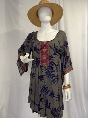 Roxy Olive Dress with Navy Tropical Leaf Print and Pink Embroidered Trim